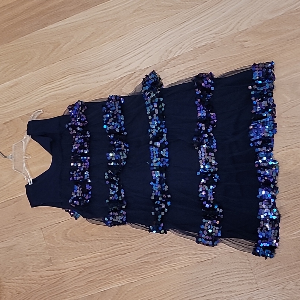 Navy and rainbow sequence and tulle knit dress